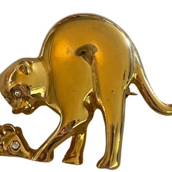 Cat and Mouse Brooch Gold Tone Rhinestone Figural Pin Jewelry - Picture 5 of 7